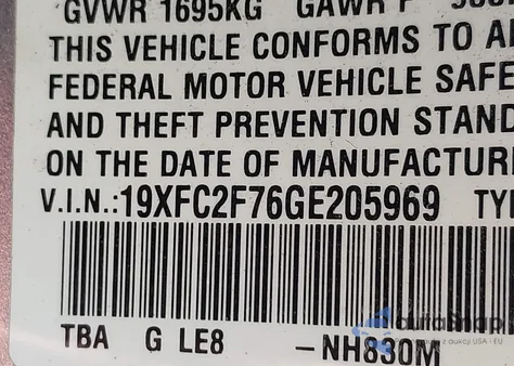 2016 Honda Civic Ex from USA, damaged, VIN 19XFC2F76GE205969